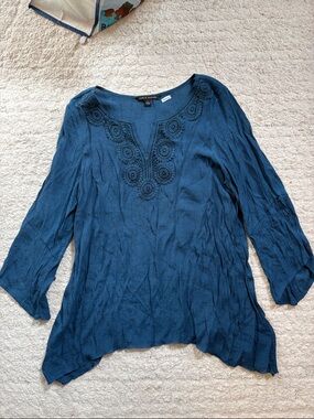 Zac & Rachel Deep Teal Crochet V-Neck Tunic